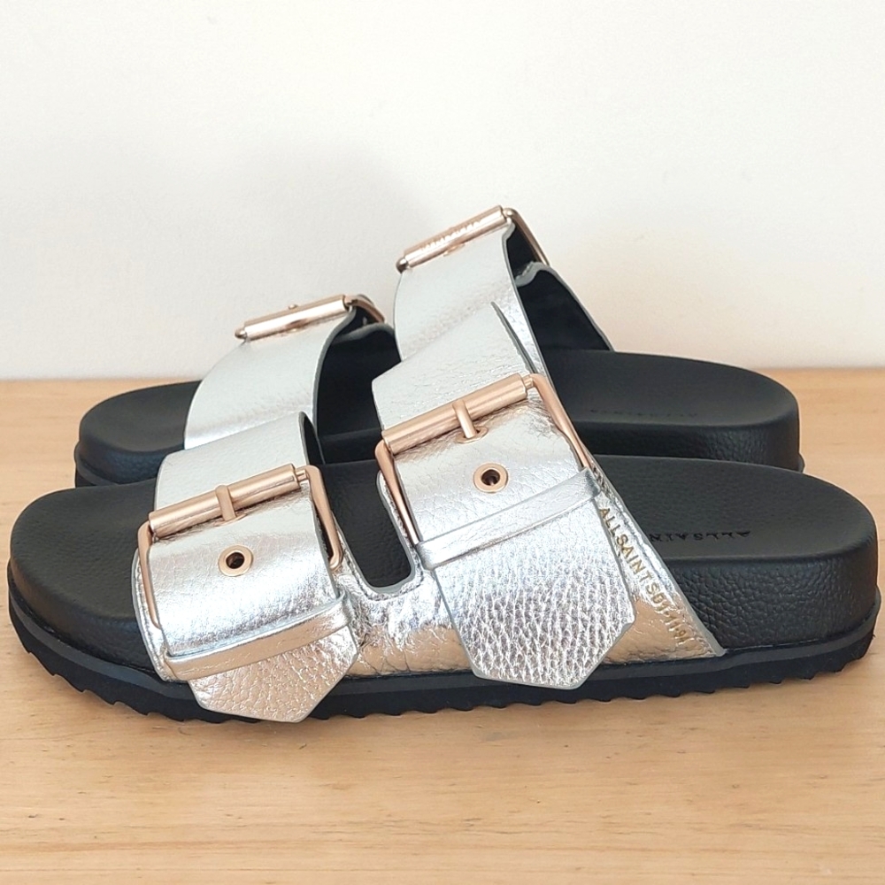 All Saints Two Strap Buckle Silver Slide Sandals